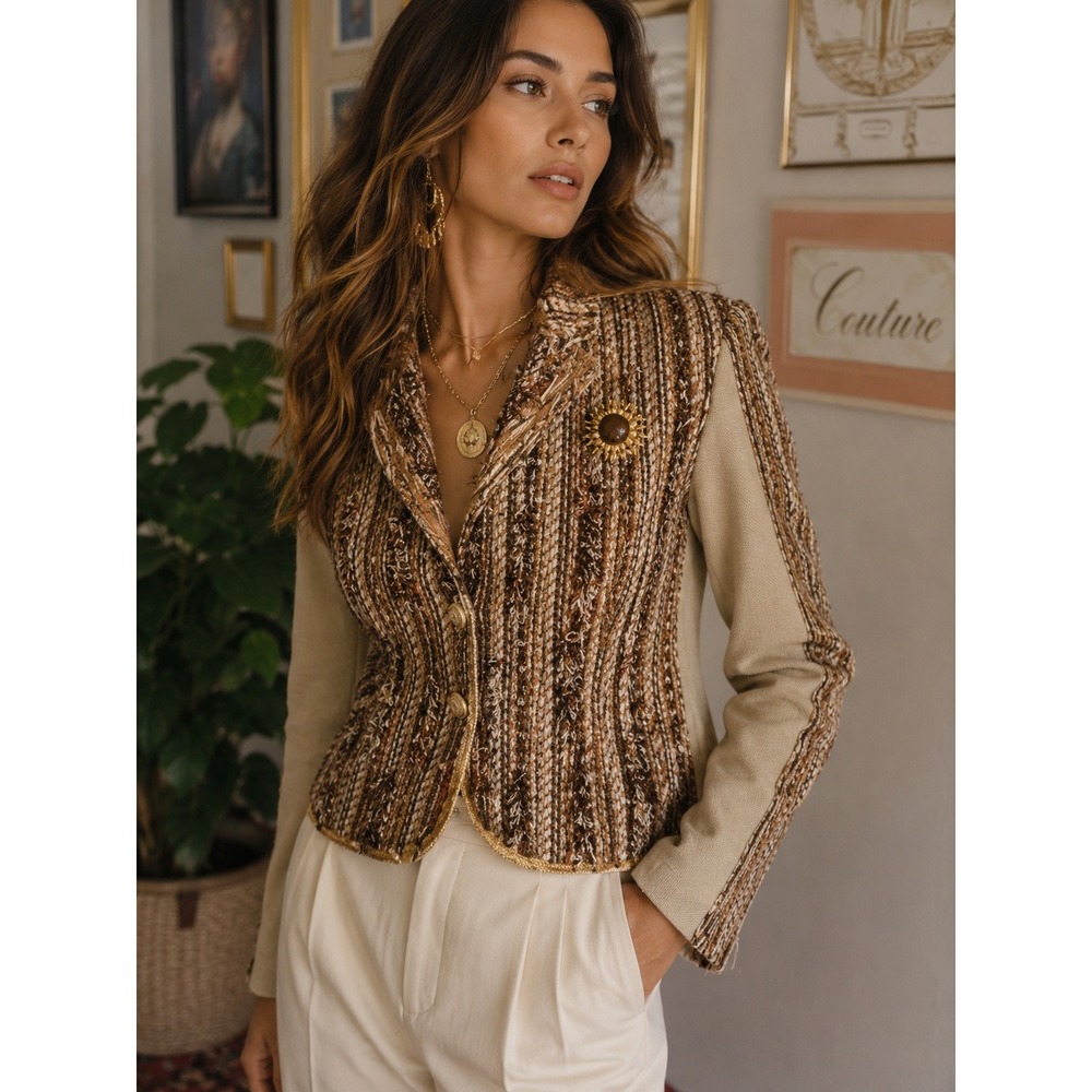 Sandy Starkman Y2K Brown Striped‎ Sequin Fringe Boho Mixed Media Blazer